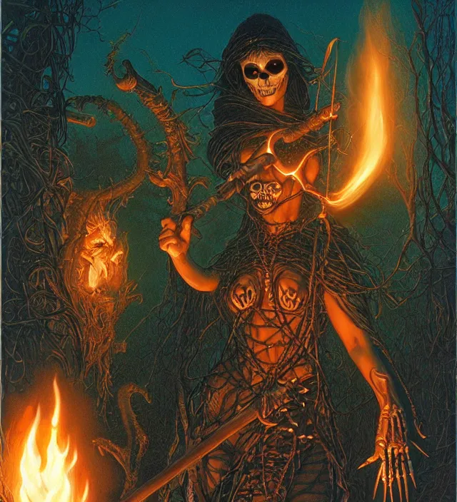 Prompt: priestess sorceress jessica alba action close - up portrait as skeletons approach, fog, fireflies, torch light, donato giancola, tim hildebrandt, wayne barlow, bruce pennington, larry elmore