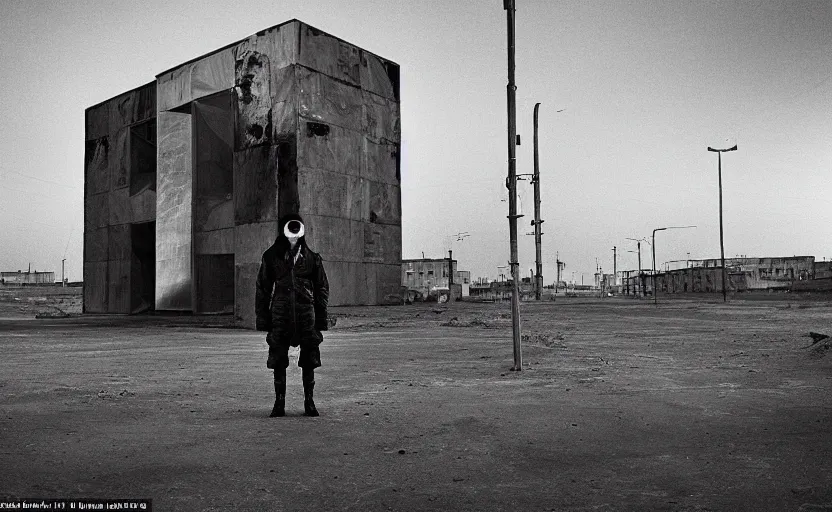 Prompt: On a parking lot in a futuristic space city of Neo Norilsk on the Moon, a Mysterious man is standing in the middle of a street photo by Trent Parke, the sun is blinding, a Russian city on the Moon