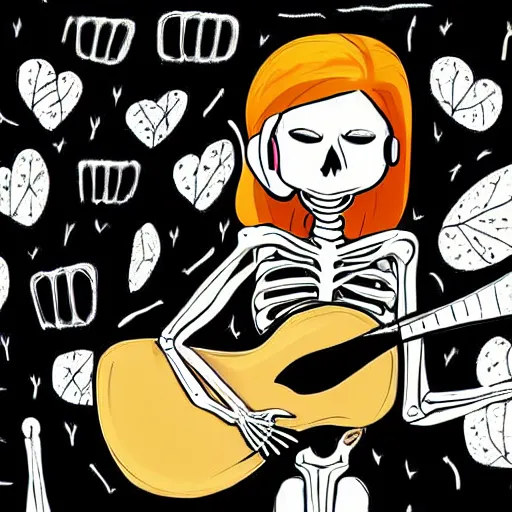 Image similar to skeleton wearing headphones watching girl playing guitar with her black cat standing next to her, digital art