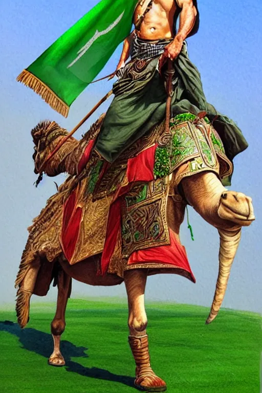 Prompt: a arabian warrior, ride camel he use green turf and flag, realistic, sketch and art by jacqueline e, colored by bo feng lin