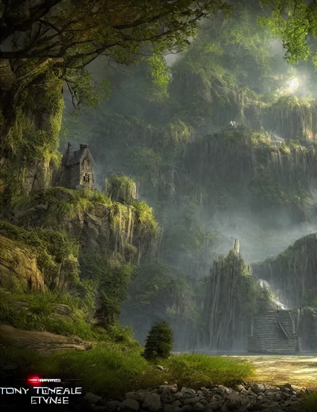 Image similar to unreal engine, tony s art, castle, forest, lake, energy