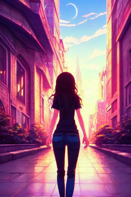 Image similar to a beautiful girl with long dark hair, city background, intricate, highly detailed, digital painting, artstation, official media, anime key visual, concept art, rich vivid colors, ambient lighting, sharp focus, illustration, art by Artgerm, Makoto Shinkai, Ilya Kuvshinov, Lois Van Baarle, and Rossdraws