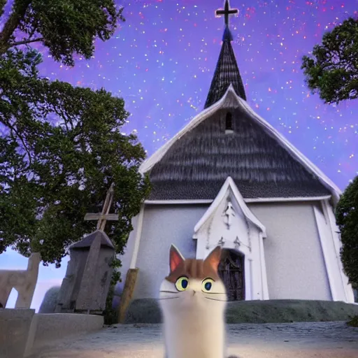 Image similar to claymation of a fluffy grey cat pointing it's paw at a priest in front of a white stave church by studio ghibli fantastic realism ultra - wide angle lens, early morning - - ar 4 : 3