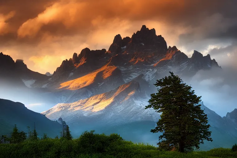 Prompt: landscape photography by marc adamus, mountains, a lake, dramatic lighting, mountains, a tree in the foreground