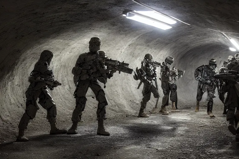 Image similar to battle between human soldiers and grey aliens in a dark underground tunnel