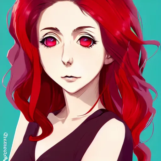 Prompt: beautiful anime vampire girl, Alison Brie, red glowing hair, smiling, clear clean face, symmetrical face, blurry background, pose, trending on artstation, Jamie McKelvie comic art, Alexandra Fomina artstation, face by Ilya Kushinov style, style by Loish, Norman Rockwell, painterly style, flat illustration, high contrast