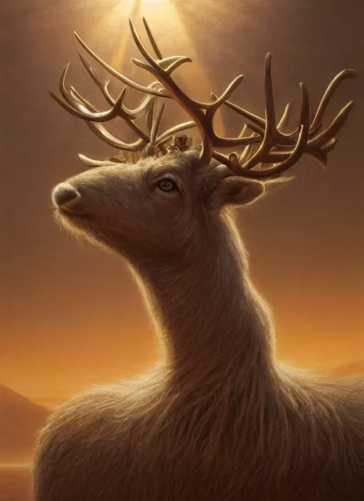 Prompt: A small reindeer king sitting on a throne in the middle of Egypt, desaturated, Tim Hildebrandt, Wayne Barlowe, Bruce Pennington, donato giancola, larry elmore, oil on canvas, masterpiece, trending on artstation, featured on pixiv, cinematic composition, dramatic pose, beautiful lighting, sharp, details, hyper-detailed, HD, HDR, 4K, 8K