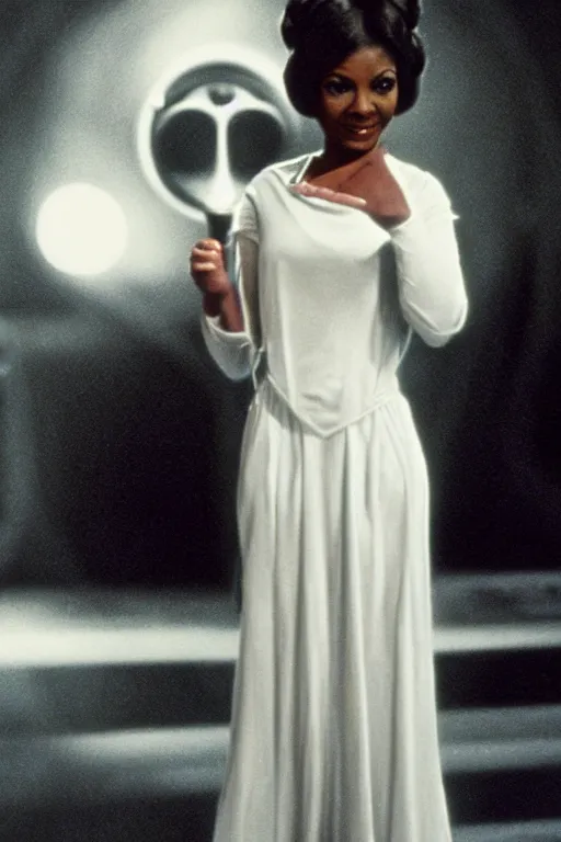 Prompt: ! dream photorealistic!! young adult nichelle nichols as princess leia, white regal gown, film quality