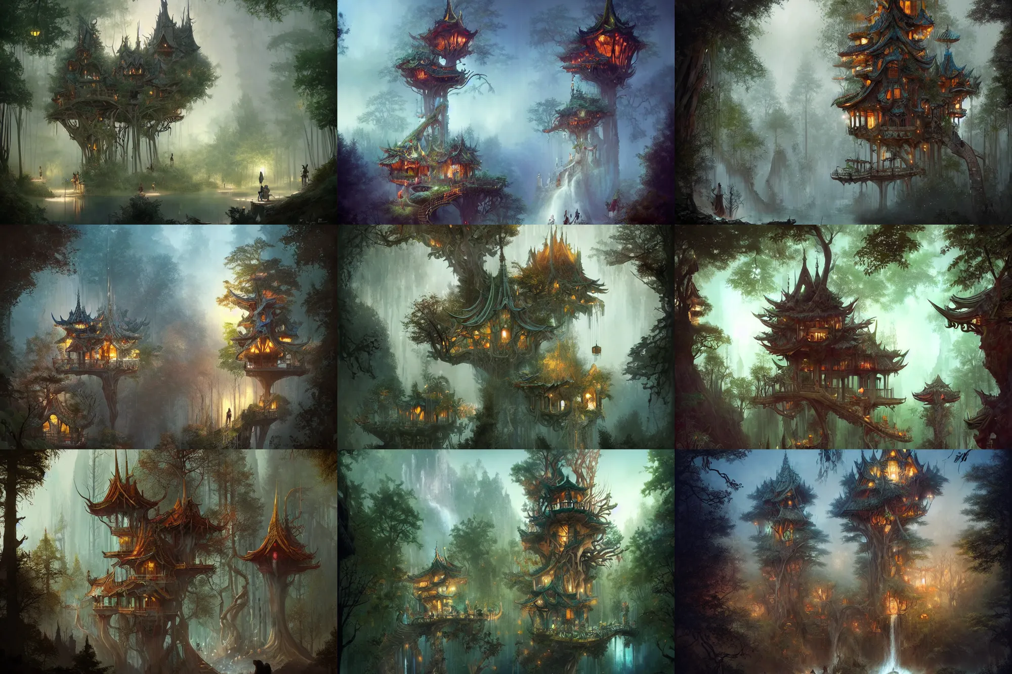 Prompt: treehouses from gaudi in a deep mystical forest, floating chinese lampoons, lake, waterfall, tall people walking and discussing, dynamic lighting, art by peter mohrbacher on artstation, mix with rivendell architecture, night mood