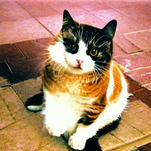 Image similar to fat cat, kodak disposable camera photo,