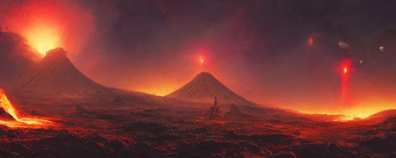 Image similar to ” outer planet with erupting volcanoes, [ art by paul lehr, cinematic, detailed, epic, widescreen, opening, establishing, mattepainting, photorealistic, realistic textures, octane render ] ”