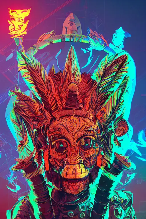 Image similar to totem animal tribal chaman vodoo mask feather gemstone plant wood rock video game illustration vivid color borderlands by josan gonzales and dan mumford radiating a glowing aura global illumination ray tracing