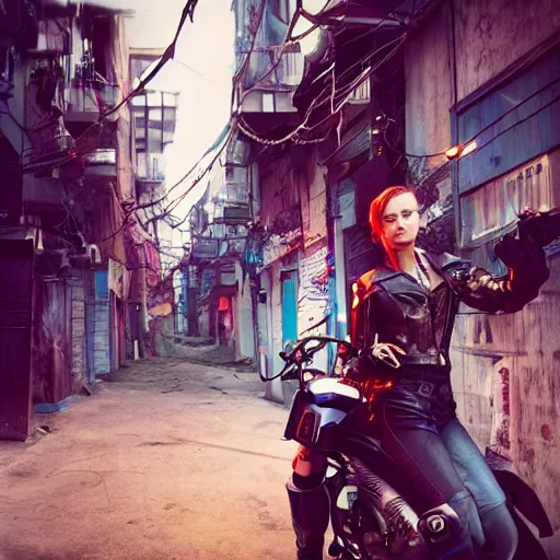 Prompt: a female is leaning on a motorcycle, in a grung looking alley, wires hanging across windows, Motorbike Cyberpunk by ptitvinc female Blade Runner rogue thief assassin ranger fighter gang member armor clothes clothing fashion player character npc | Create your own roleplaying game material w/ RPG Bard: www.rpgbard.com | Writing inspiration for Dungeons and Dragons DND D&D Pathfinder PFRPG Warhammer 40k Star Wars Shadowrun Call of Cthulhu Lord of the Rings LoTR + d20 fantasy science fiction scifi horror design | Not Trusty Sword art: click artwork for source, Nice colour scheme, soft warm colour. Studio Gibli. Beautiful detailed watercolor by Lurid. (2022)