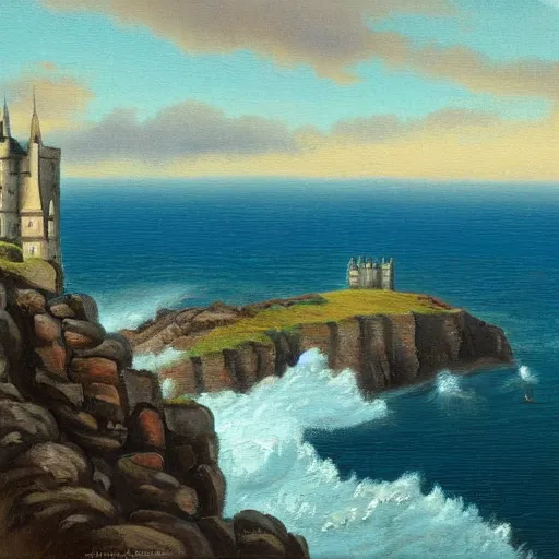 Image similar to john avon painting of a castle on a cliff near the stormy sea