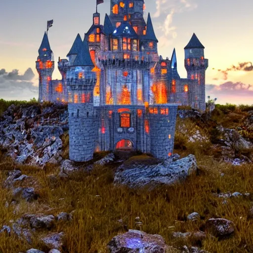 Prompt: A castle made out of crystal at dusk, prismatic.