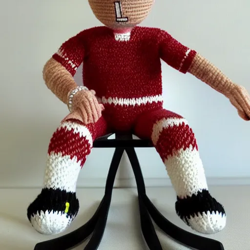 Prompt: Cristiano Ronaldo doll knitted from yarn, sitting in a rocking chair, realism, proportions - n 9