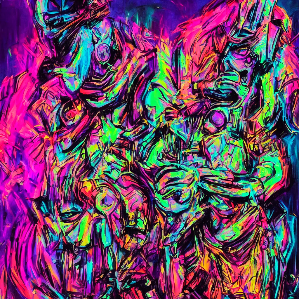 Image similar to psychedelic cyberpunk demon painting, rocking out, headphones DJ Rave