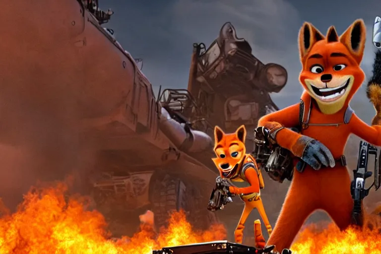 Image similar to nick wilde, heavily armed and armored facing down armageddon in a dark and gritty reboot from the makers of mad max : fury road