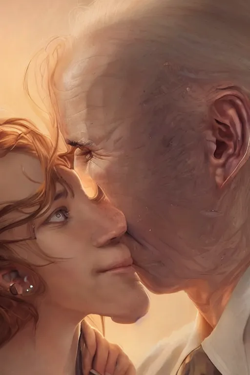 Image similar to beautiful portrait of Joe Biden sniffing young maiden's hair, Cinematic lighting, ultra realistic 3D, beautifully lit, ray traced, octane render by Peter Mohrbacher and Peter Gric