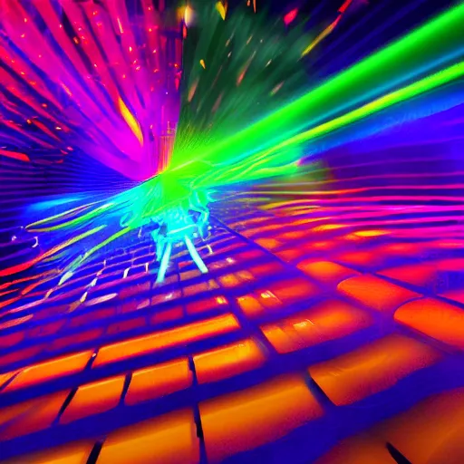 Image similar to Dance rave with psychedelic lasers and lighting, photorealistic digital art