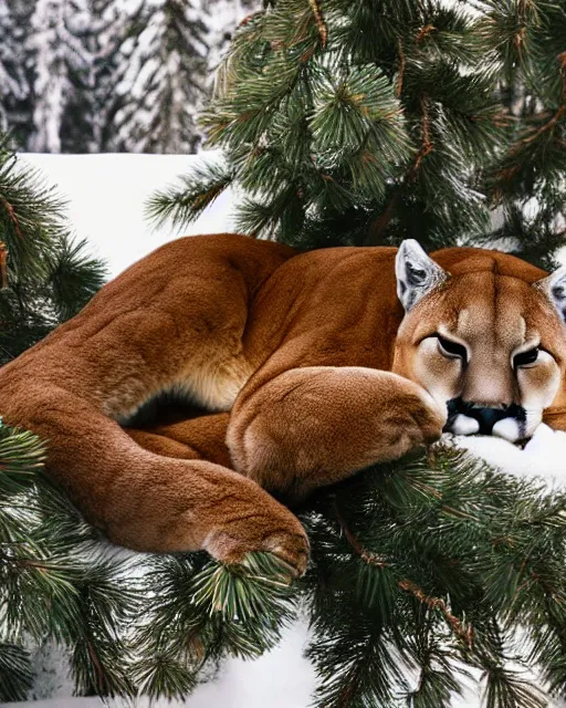 Prompt: magazine article showing 'a cougar sleeping in the middle of snowy pine tree' laying on coffee table, zoomed out shot, HD, iphone screenshot