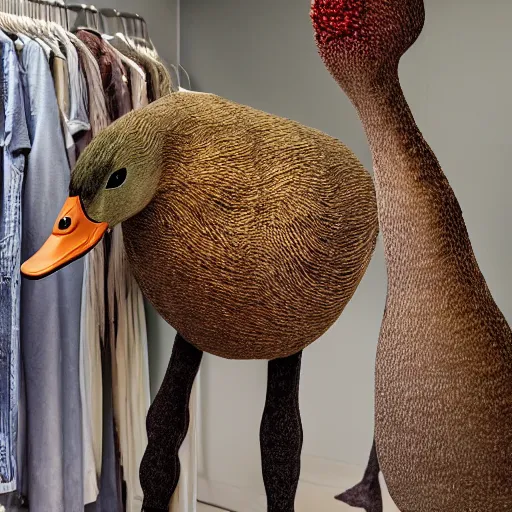 Prompt: a fashion studio photo of a duck dinosaur hybrid