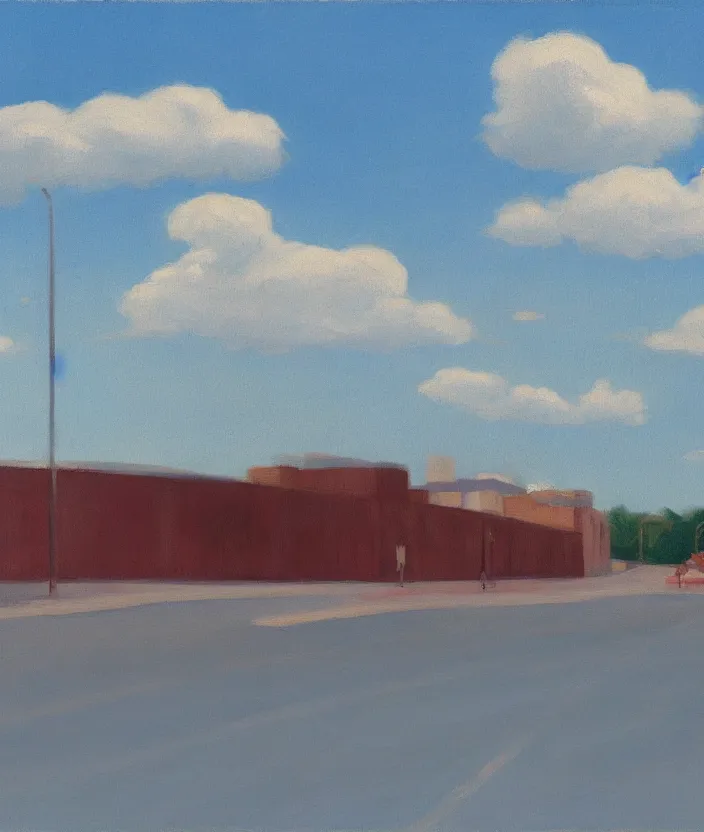 Image similar to baby blue sky with very aesthetic stylized puffy clouds, in the style of edward hopper, very fine brushstrokes, 4 k,