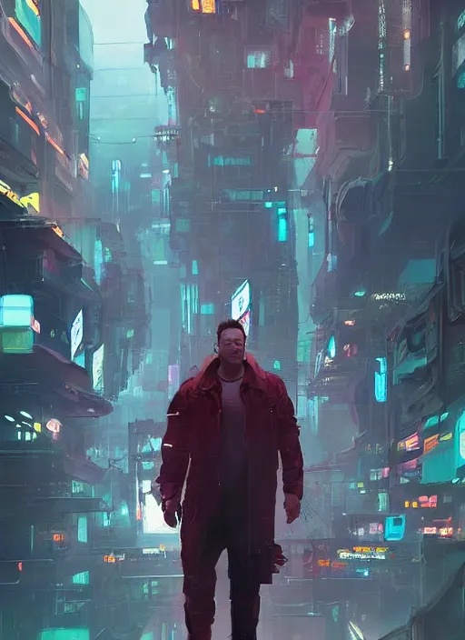 Image similar to a beautiful portrait of elon musk in cyberpunk city. character design by cory loftis, fenghua zhong, ryohei hase, ismail inceoglu and ruan jia. artstation, volumetric light, detailed, rendered in octane