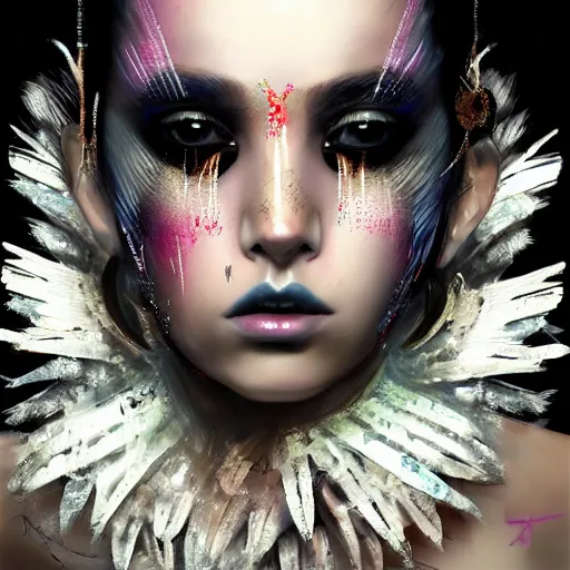 Prompt: A masterpiece portrait of a Incredibly beautiful half slightly damaged crying black swan makeup girl . tribal fashion. 2077 fashion. Cyberpunk. First sparkles. Vogue. trending on artstation, digital art, by Stanley Artgerm Lau, WLOP, Rossdraws, James Jean, Andrei Riabovitchev, Marc Simonetti, Yoshitaka Amano