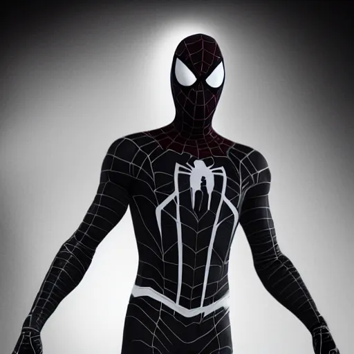 Image similar to black spider - man suit with white web lining, cinematic, volumetric lighting, realistic, hyperdetailed, photorealistic, photograph