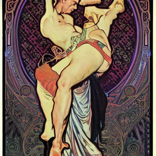 Image similar to Armbar. Epic painting by James Gurney, Alphonso Mucha.