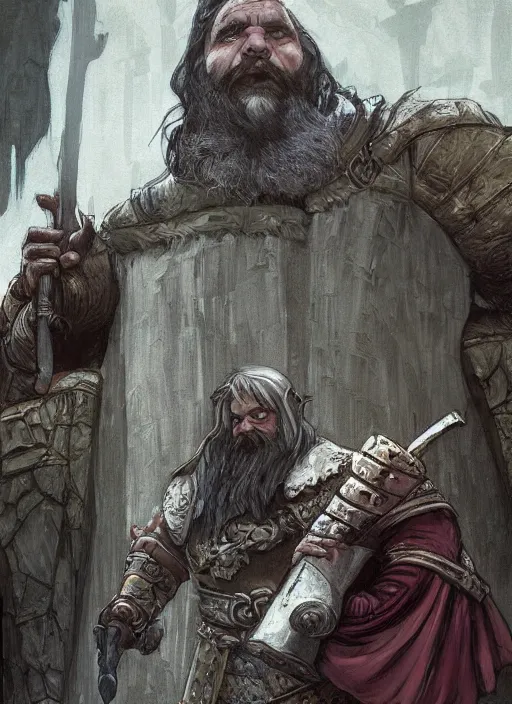 Image similar to Grikki the dwarf. A humble dwarven stone mason completes the great gate of kings. Fantasy concept art. Brutalist architecture.Moody Epic painting by James Gurney, and Alphonso Mucha. ArtstationHQ. painting with Vivid color. (Dragon age, witcher 3, lotr)