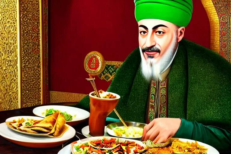 Image similar to Ottoman Sultan Mehmet IV eating shawarma in a restaurant, wearing big ovular turban and a luxurious Ottoman coat, green eyes, super realistic facial features, detailed face, Ottoman Sultanate, cheerful, expressive, photorealistic, hyperrealism, micro details, HDR Shot