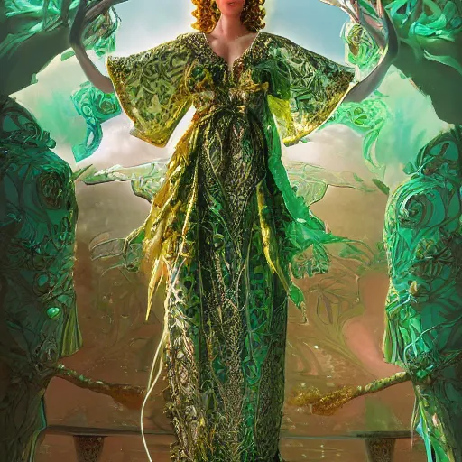 Prompt: a beautiful woman wearing a green and white kaftan made of silk with golden ornaments and diamonds jewelry by alex gray and android jones , Karol Bak, Ayami Kojima, Amano , concept art, character design, fantasy,3D, 8k resolution