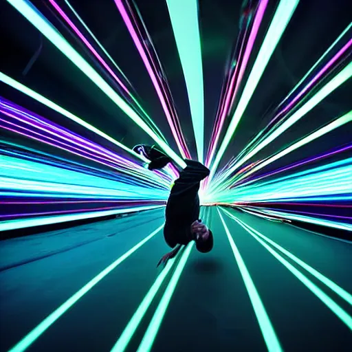 Image similar to break dancer of neon lights, long exposure shot, tron, cinematic view from lower angle, design, adobe