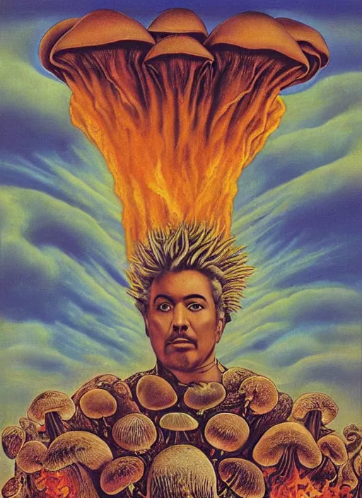 Prompt: 8 0 s new age album cover depicting a mushroom cloud in the shape of guy fieri, very peaceful mood, oil on canvas by ernst haeckel, by frida kahlo