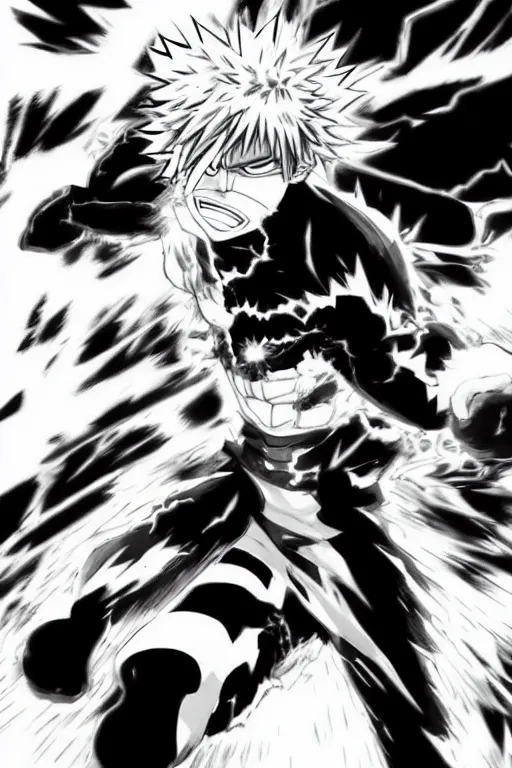 Image similar to a manga panel of bakugo katsuki with an explosion behind him, by kohei horikoshi