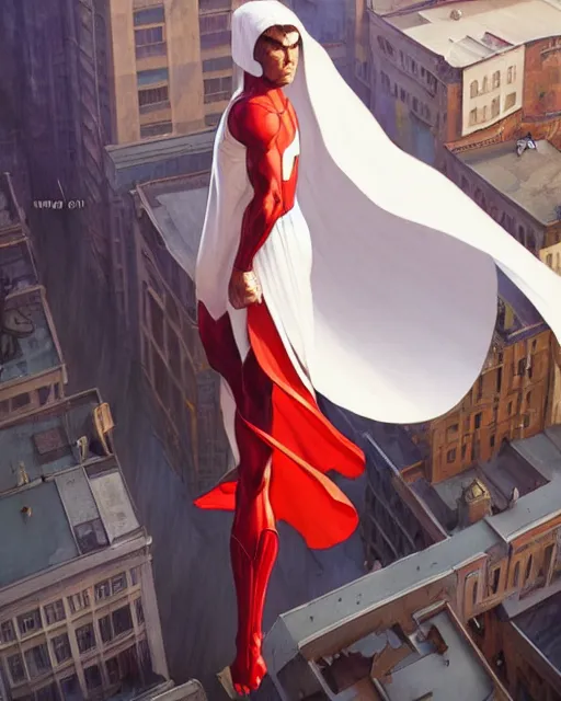 Image similar to wide angle of superhero - white cape levitating over the street below, arms spread wide, highly detailed, digital painting, artstation, concept art, smooth, sharp focus, illustration, art by artgerm, greg rutkowski, alphonse mucha, j. c. leyendecker