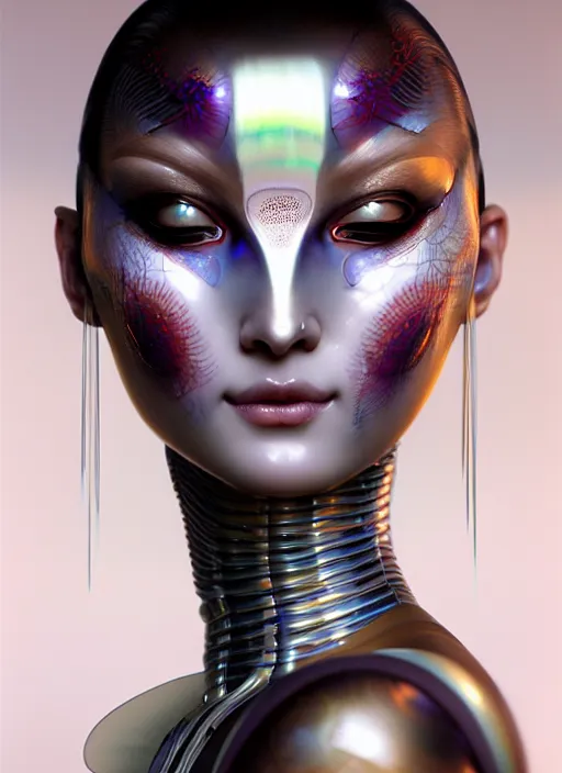 Image similar to organic Geisha cyborg, translucent pearlescent skin, diffuse lighting, fantasy, intricate, elegant, highly detailed, lifelike, photorealistic, digital painting, artstation, illustration, concept art, smooth, sharp focus, art by John Collier and Albert Aublet and Leonardo da vinci and Krenz Cushart and Artem Demura and Alphonse Mucha