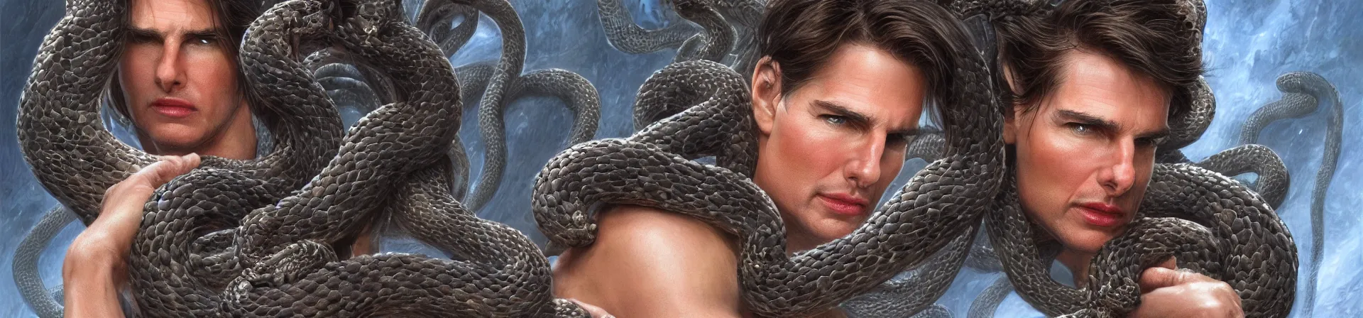 Image similar to beauty woman Tom Cruise with snakes for hair, Medusa, detailed face, surrounded by spiders, very detailed, dramatic lighting, electrical details, high details, 4k, 8k, trending on artstation, by Greg Rutkowski, Wayne Barlowe, Hajime Sorayama and Boris Vallejo