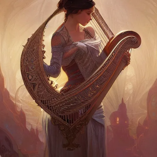 Image similar to a strange harp, d & d, fantasy, intricate, elegant, highly detailed, digital painting, artstation, concept art, smooth, sharp focus, illustration, art by artgerm and greg rutkowski and alphonse mucha