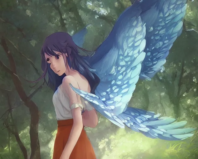 Prompt: a girl with two wings on her back in a forest. She has TWO wings on her back!!! Angel! Two blue wings!!By Makoto Shinkai, trending on ArtStation, digital art.