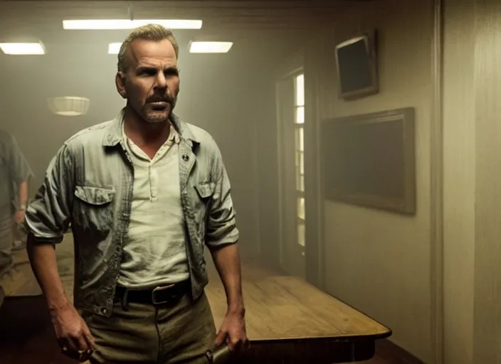 Image similar to film still of!!!!! kevin costner!!!!! as jim hopper in the upside down in stranger things, 4 k