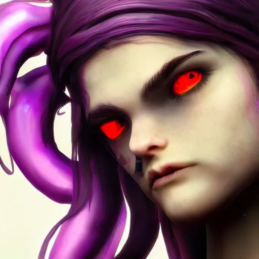 Image similar to artstation young teen with purple eyes and very thin purple tentacles on her head, furious, very detailed, portrait, high contrast, unreal engine 5