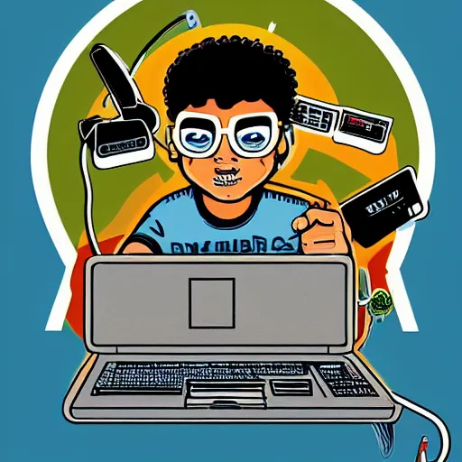 Image similar to illustration of a boy connected to his laptop with wires, highly detailed, by butcher billy