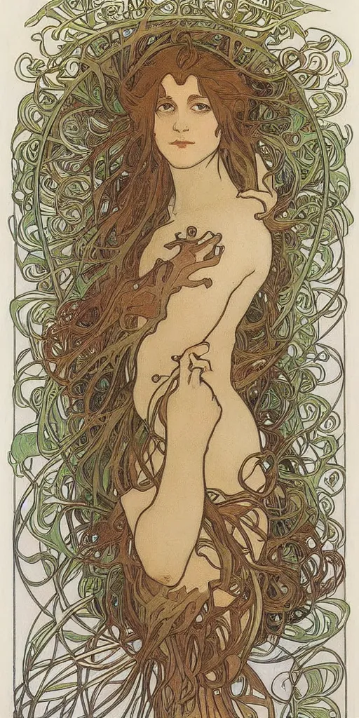 Image similar to alphonse mucha portrait of a forest elemental, art nouveau, nature tones, colored pencil drawing