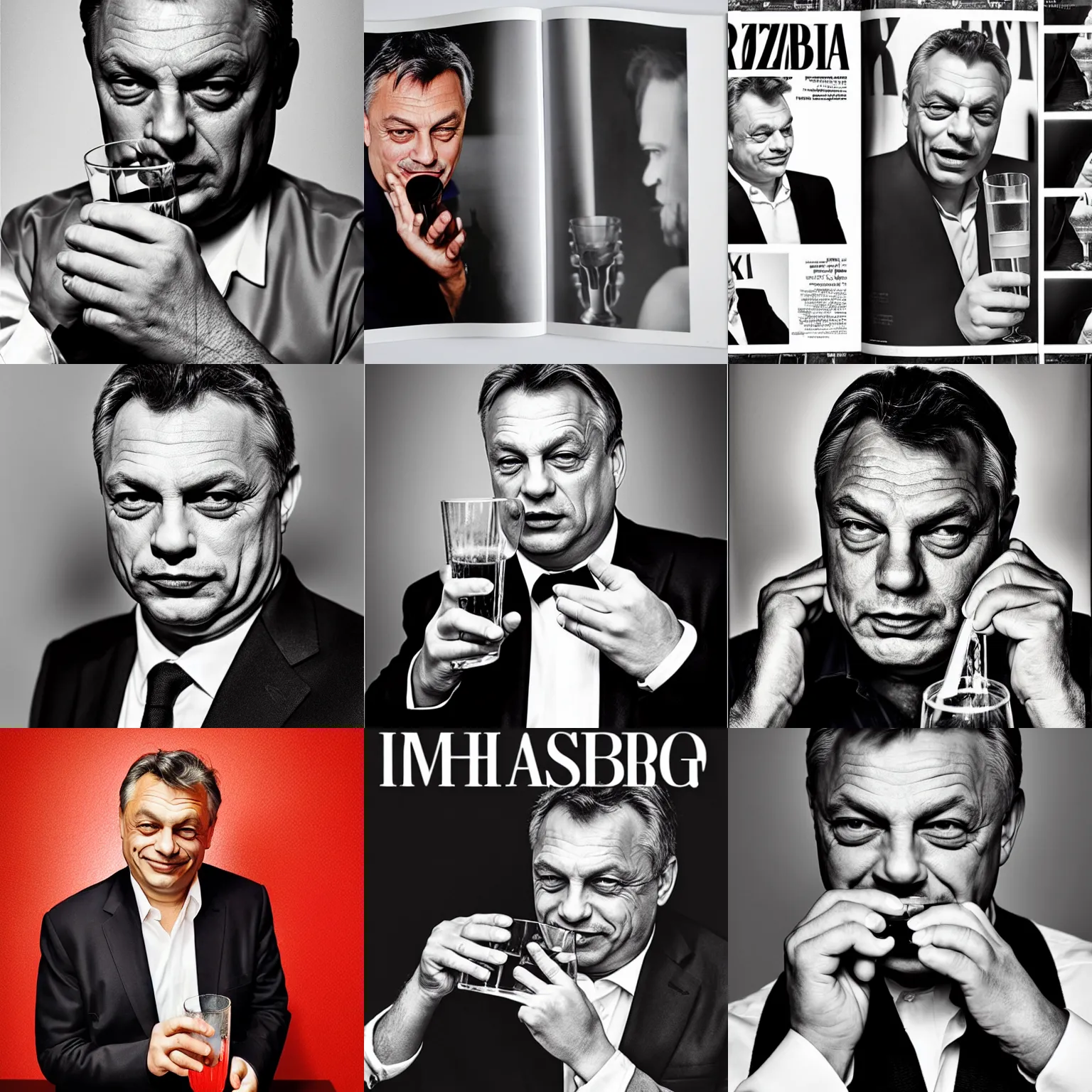 Prompt: headshot magazine cover photo of viktor orban winking and drinking vodka from a glass by peter lindbergh, studio lighting