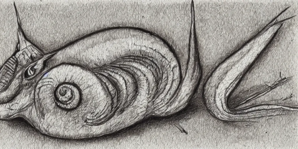 Image similar to found in snails with a sunrise and road landscape with lynxes and teeth in pen drawing style and pencil color