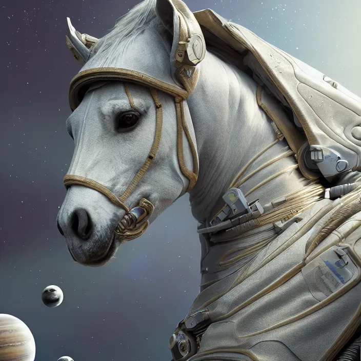Prompt: very detailed portrait of a majestic horse, dressed in a spacesuit, sci - fi, futuristic, details, intricate, octane render, redshift, smooth, illustration, fairy lighting, stars and planets in the background, hyperrealistic, by dmitry prozorov, loish, and wlop, trending on artstation, hyperdetailed, hyperrealism