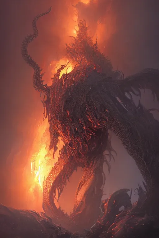 Image similar to fire Elemental creature, lovecraftian creature, dramatic lighting, cinematic, establishing shot, extremly high detail, foto realistic, cinematic lighting, post processed, concept art, artstation, matte painting, style by eddie mendoza, raphael lacoste, alex ross